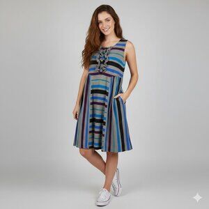 Marc by Marc Jacobs Striped Ruffle Front Dress Grey Blue Purple Size M Pockets